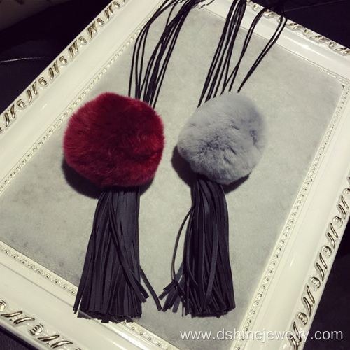 Long Tassel Necklace Fur Ball Tassels Leather Choker Necklace